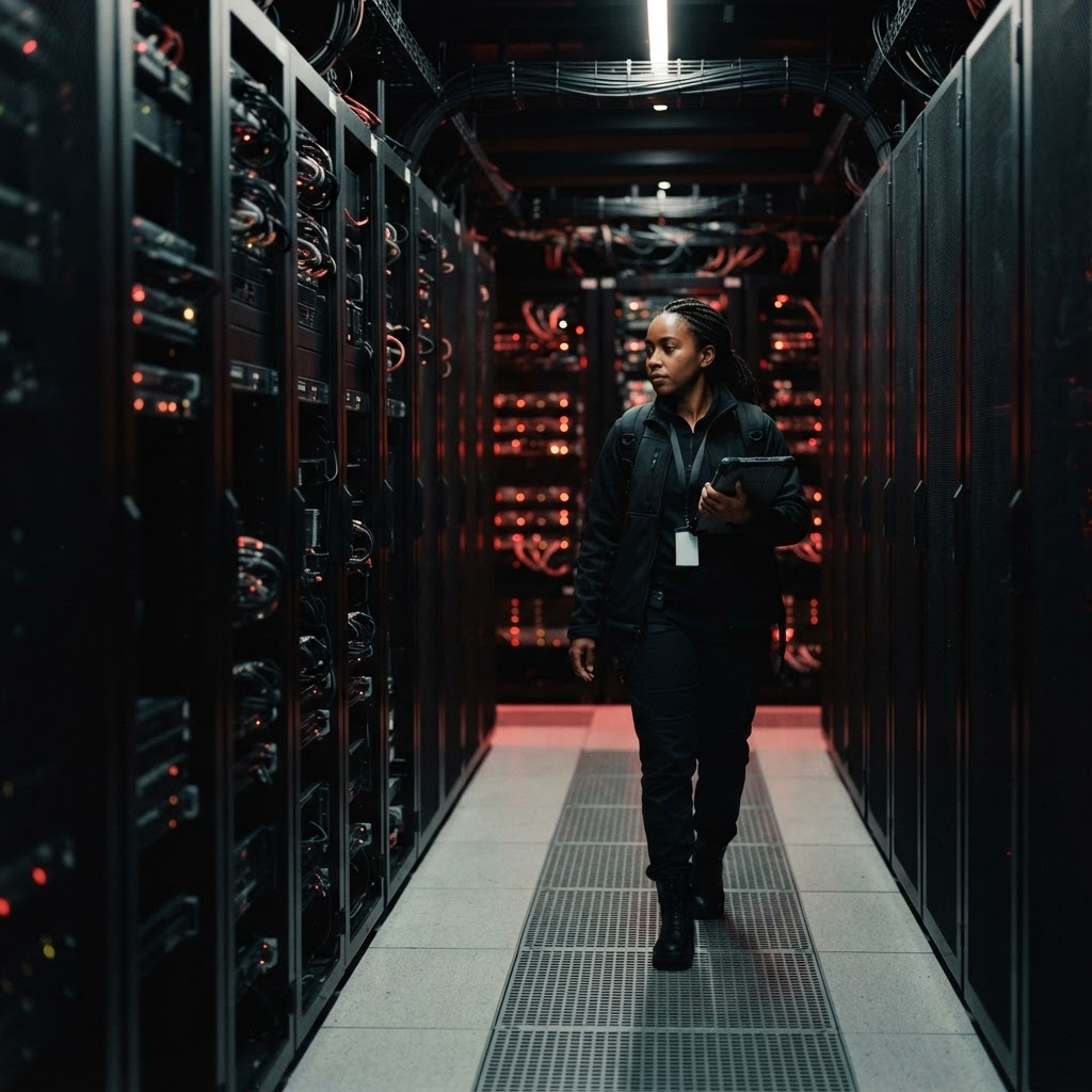 Engineer walking through a modern data center server aisle