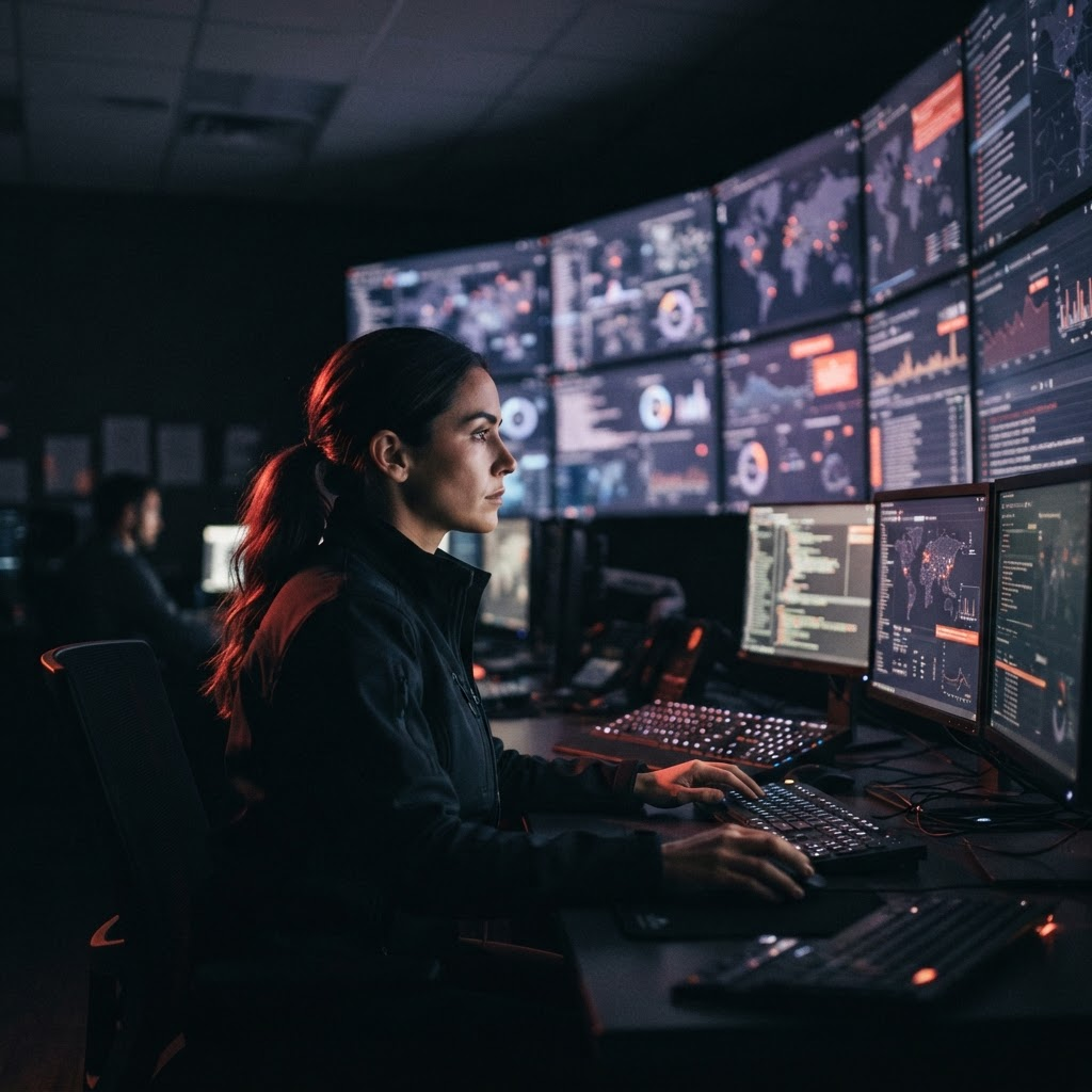 Security analyst monitoring threat dashboards in a security operations center