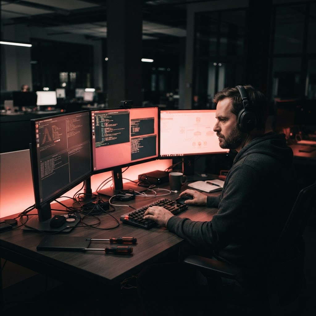 IT support specialist assisting users from a monitoring workstation